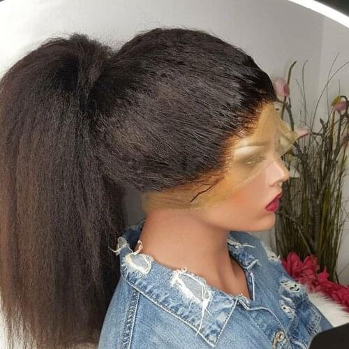 Kinky Straight Synthetic Hair Lace front wig Extensions Middle Part180% Density Heat Resistant Fiber With Baby HairFor Women