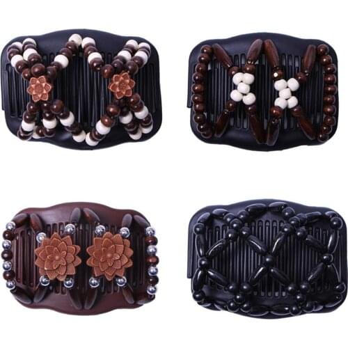 Lovef Thick Hair Clip Magic Wood Beads Double Hair Comb Stretch Combs for Hair Design Butterfly Bun Maker for Hairstyles 4pcs