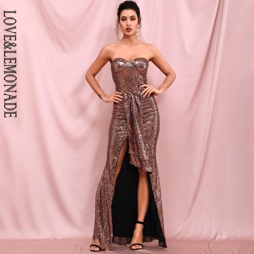 LOVE&LEMONADE Sexy Tube Top Whit Split Dark Gold Sequins Streamer Fishtail Shape Party Maxi Dress LM82438