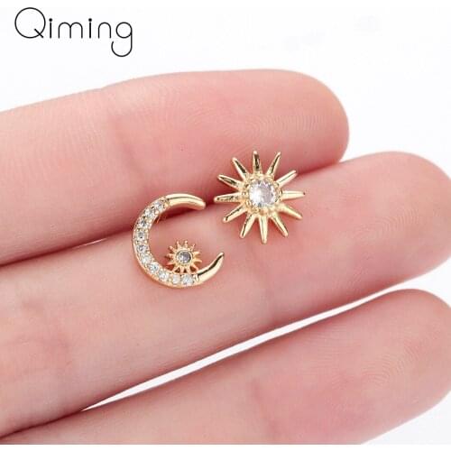 Statement Crystla Moon Star Earrings For Women CZ Zircon Asymmetry Cute Romantic Everyday Jewelry Stud Earrings Gift
