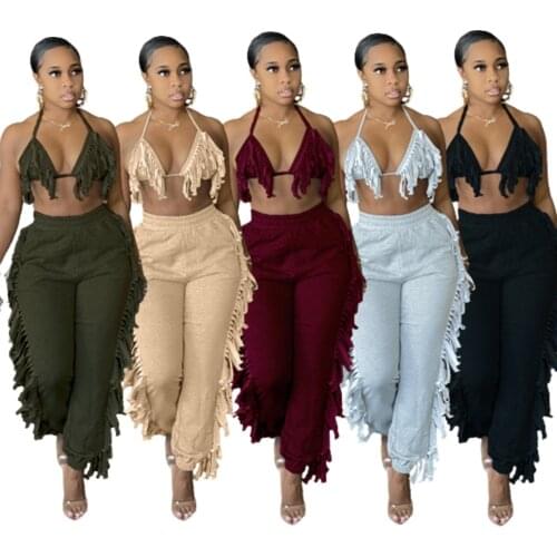 Fashion Streetwear Tassel Pants 2 Piece Outfits Sexy Bikini Bandage Crop Top + Sweatpants Sporty Workout Two Piece Set Outfits