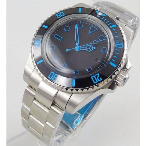 40mm Black Dial Automatic Movement Domed Glass Miyota Bracelet Strap Blue marks Date Window Self Winding Mens Watch
