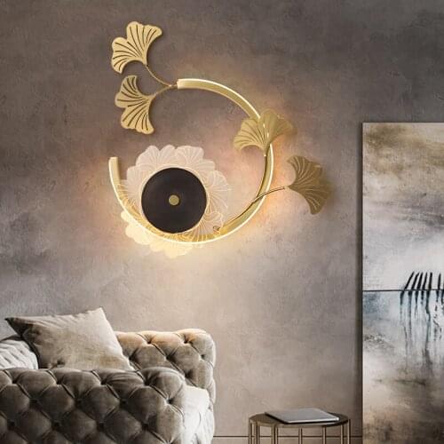 Nordic creative copper art light luxury wall lamp ginkgo leaf living room bedroom background decorative flower special wall lamp