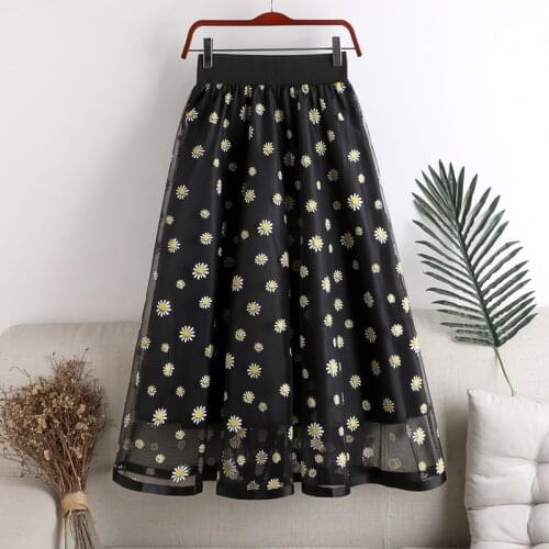 New Style Little Daisy Print A Line Tulle Elegant Long Skirt Casual Women Spring Summer Streetwear Holiday Party Skirts DS160