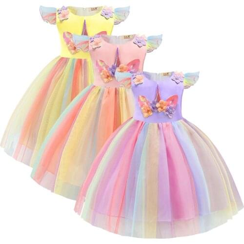 The New 2020 Children Girls Rainbow unicorn Dress Princess Birthday Party Christmas Carnival Dress baby girl clothes for 2-10Yrs