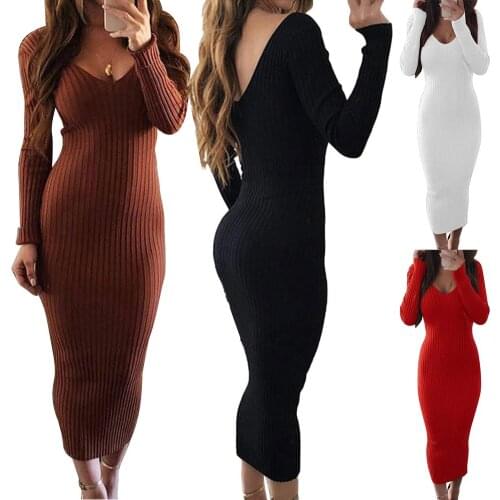 Sexy Women Long Sleeve V Neck Backless Ribbed Bodycon Slim Knitted Midi Dress vestidos de fiesta de noche women dress