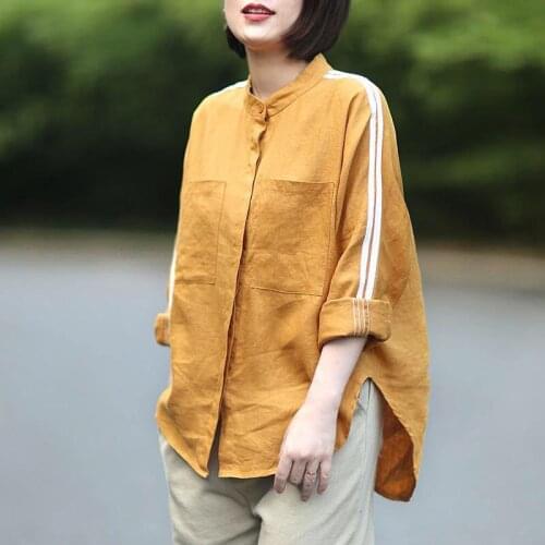 Casual Shirts Ladies Tops Double Pockets Cotton Linen Blouses Autumn Women Shirt Plus Size Long Sleeve Loose