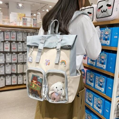 Japanese Anime Transparent Backpack Cartoon Multi-pocket Hasp High Student Girl School Bag Patchwork Nylon Waterproof Laptop Bag