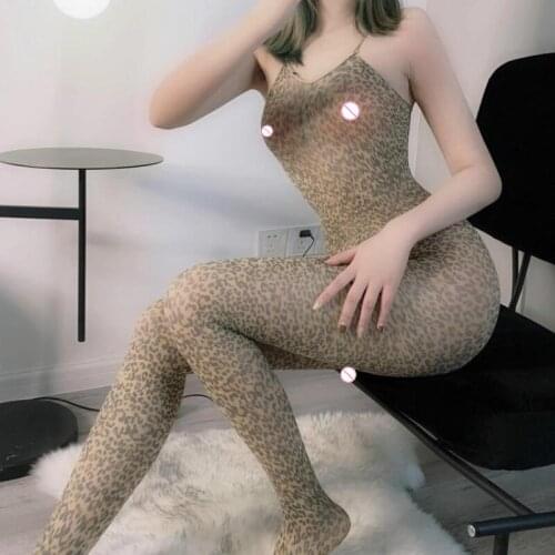 Girl Friend Wild Sexy Lingerie Suspenders Open Crotch Sleepwear Women Nighties Leopard Print Nightwear Sex Siamese Bodystockings