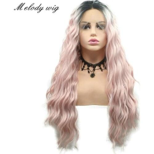 Melody Synthetic Dark Root Ombre Pink Long Water Wave Lace Front Wig Heat Resistant for Women Natural Looking Daily Wear Cosplay