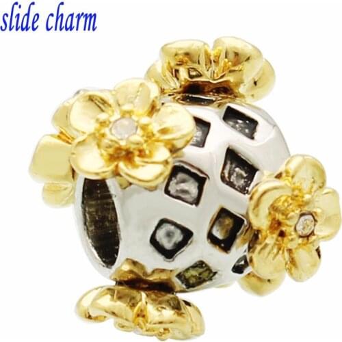 Slide charm Free shipping genuine silver color four Golden beads fit Pandora bracelets charm bracelets and jewelry accessories