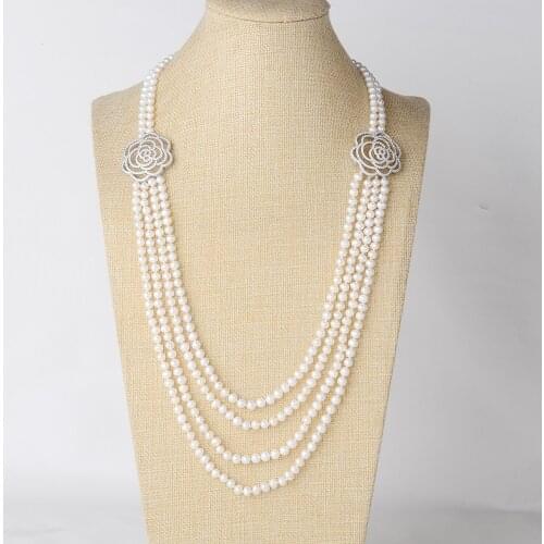 Jewelry Natural Pearl 28''-32'' 2 Strands White Pearl CZ Connector Necklace