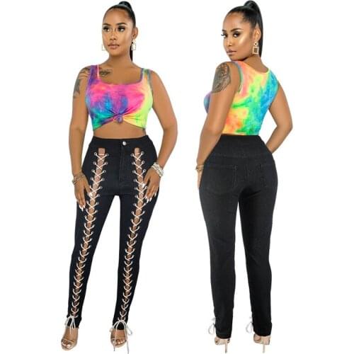 Double Row Eyelet Drawstring Fashion Jeans Long Jeans Pants for Women Black Hollow Out Demin Trendy Wholesale Drop Shipping