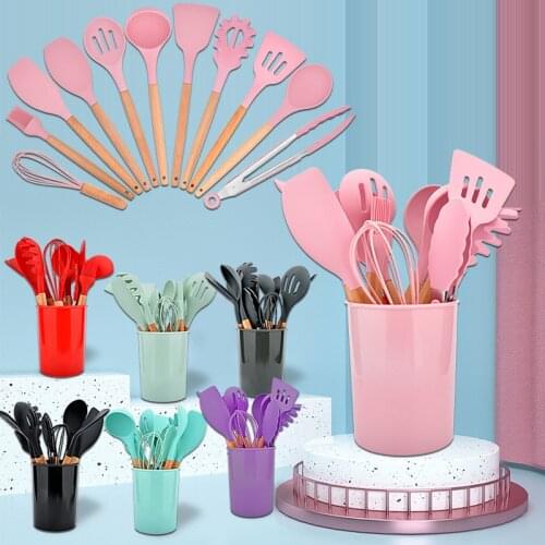 Wooden Handle Silicone Kitchenware Set 12PCS Silicone Spatula Kitchenware Cooking Soup Spoon Spatula Sweep Silicone Kitchenware