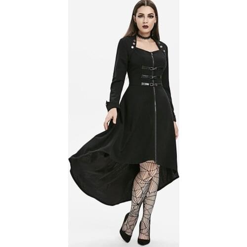 Plus Size Gothic Women Coat Casual High Low Button Embellished Trench Coat Autumn Fashion Dip Hem Zip Up Long Coat Outwear