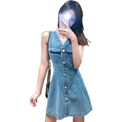2020 The Newest Fashion Wear Take Fashion Women Vintage V-neck Sleeveless Denim Blue Dress Party Cocktail Short Mini Dress