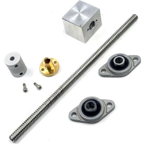 400mm Length 8mm Dia Silver Vertical 2mm Lead Screw Rod & Pillow Block Mounted Bearing T8 Lead Screw Kit for 3D Printer Set of 6