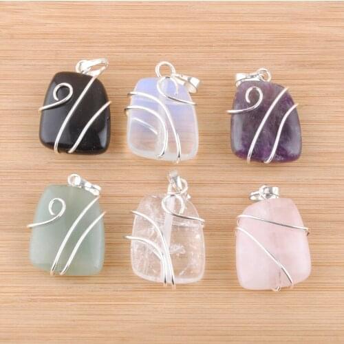 6Pcs Natural Stone Silvers Wire Wrap Pendant Irregular Geometric Bead Opal Amethysts Dangle Charms For Necklace Jewelry QBN438