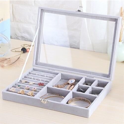 285*200*50mm Gray Velvet Carrying Case with Glass Cover Jewelry Ring Display Box Tray Holder Storage Box Organizer
