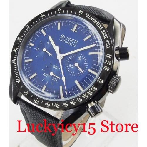 BLIGER Dress 40mm Automatic Mens Watch Blue Dial Week Indicator Self Winding Movement Leather Strap