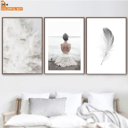COLORFULBOY Girl Feather Nordic Posters And Prints Wall Art Canvas Painting Canvas Pictures For Living Room Decoration