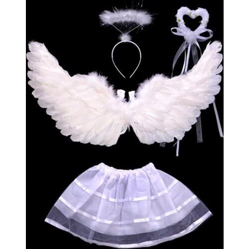 Kids Girl Angel Feather Wings Halo Ring Wands Photo Stage Show Tutu Costume Wedding Birthday Party Gift Devil Cosplay Home Decor