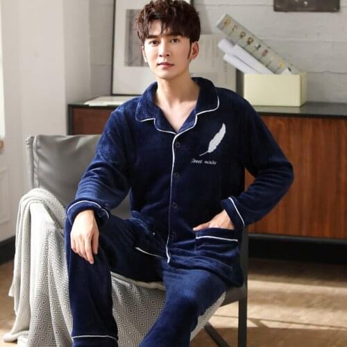Men Winter Thick Flannel Velvet Pajamas Set Warm Long-sleeved Cardigan Homme Nightwear Pyjamas Men Sleepwear Pijama MSJ01