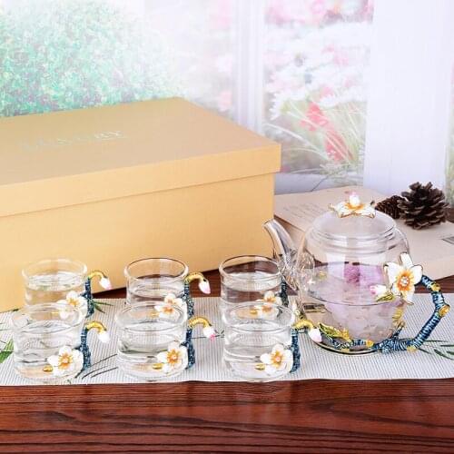 1Set Carve Patterns Enamel Glass Cup With Spoon Kettle Household Flower Tea Coffee Mugs Juice Party Supplies