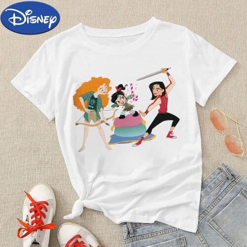 Disney Women T shirt Princess Party Series Versatile Short Sleeve Mulan and Merida Printed Harajuku Branded Summer Tshirts