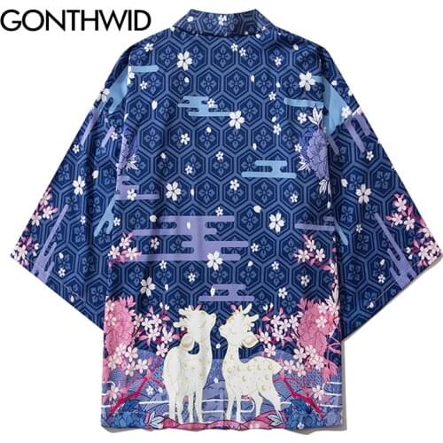 GONTHWID Harajuku Deer Cherry Blossoms Flowers Print Japanese Kimono Cardigan Jacket Coats Hip Hop Streetwear Casual Loose Tops