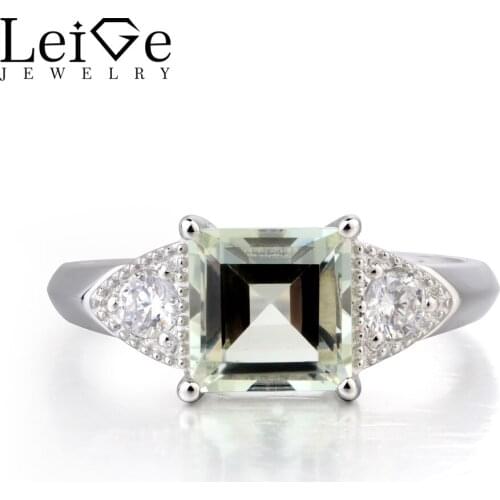 Leige Jewelry Natural Green Amethyst Ring Promise Ring Square Cut Green Gemstone Genuine 925 Sterling Silver Romantic Gifts
