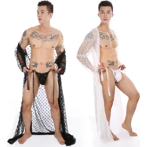Mens Japanese-Style Long Sexy Lace Bathrobe Transparent Kimono Slit T-Back Suit See-through Underwear