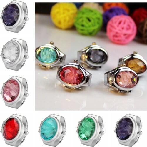 Crystal Oval 3D Gem Flower Clamshell Ring Watch Womens Luxury Elegant Adjustable Elastic Ring Flip Finger Quartz Watch Jewelry