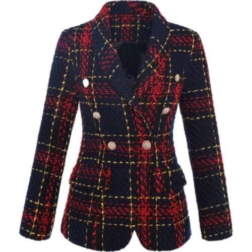 Best Sellers 2020 Womens Double Breasted Lion Metal Buttons Black & Red Plaid Tweed Woolen Blazer Outer Wholesale