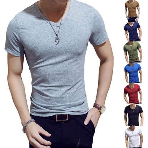 Korean Summer Men T-Shirt Short Sleeve V Neck Solid Color Tops Fitness Casual Shirts H9