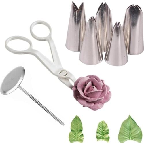 5pcs Leaf Flower Pastry Icing Nozzle Tips + 1pc Piping Flower Scissors + 1pc Cream Stand Tray Transfer DIY Cake Decorating Tools