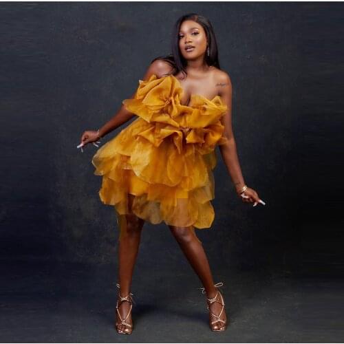 Sexy Short Prom Dresses Gold Tulle Ruffles Handmade Flower Custom Made Mini Length Party Cocktail Dressing Gowns Plus Size