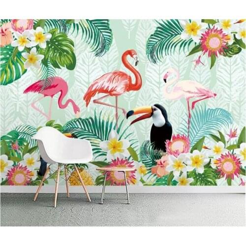 Custom fashion stereo wall paper tropical plant parrot flamingo indoor background papel de parede 3d wallpaper