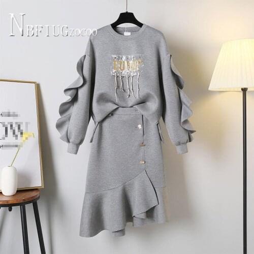 Plus Size Women Sets 2020 Autumn New Fashion Slim Sweatshirts And Skirt Female Sets