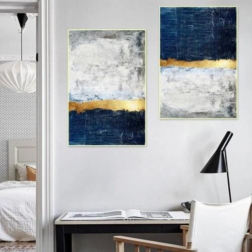 Blue and Golden Abstract Room Decoration Modern Painting Art Wall Decor Canvas Posters Prints for Living Room Cuadros