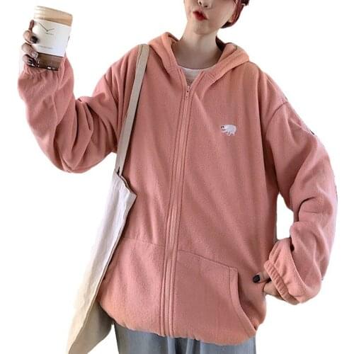 Zuolunouba Autumn And Winter New Loose Lamb Plush Plush Thickening Ladies Hoodie Solid Color Stitching Zipper Women Sweatshirt