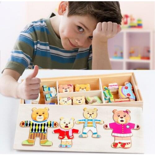 [Funny] Teddy Bear Change Clothes Wooden Toy Puzzles Montessori Educational Dress Changing Jigsaw Puzzle toy DIY assemble toy