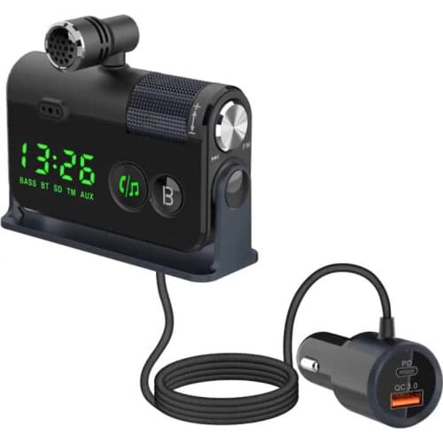 JINSERTA PD+QC3.0 Charger Car Mp3 Player Handsfree Bluetooth 5.0 FM Transmitter One Key Bass AUX Output Stereo Music Player