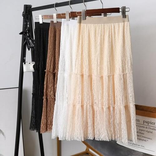 TingYiLi Lace Skirt Spring Summer High Waist Long Maxi Skirt Black White Khaki Beige Skirts Womens Korean Style