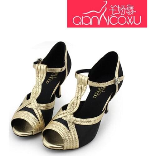 Women Shoe Black Gold Sexy Beautiful Satin Latin Dance Shoes Female Adult Square Dance Sandals Summer High Heel Soft Bottom 6120