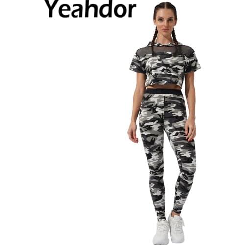 2021 Women Summer Clothes Set Casual Wear Fitness Sportwear Camouflage Short Sleeve Fish Net Hoodies Top with Legging Sport Suit