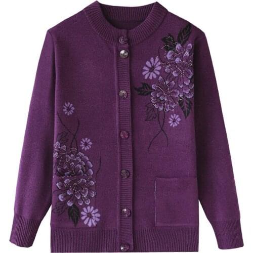 Women Spring Autumn Tops Mom Long Sleeve Flower Printing Design Button Pocket Knitted Sweater Soft Comfortable Cardigan Jacket