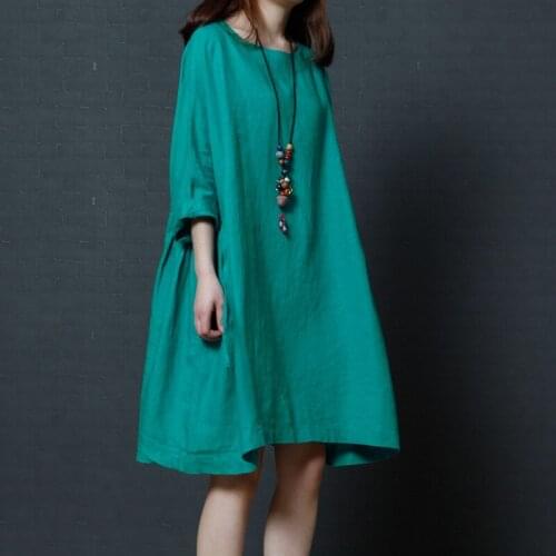 Spring Women Summer Dress Casual Loose Tie Cotton Linen Dresses Female Three Quarter Sleeve Vestidos Robe Plus Size 2XL AB1346