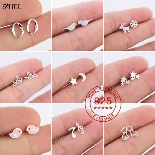 100% 925 Sterling Silver Earrings for Women Kids Jewelry Fashion Feather Music Star Bird Stud Earrings Girls Gift pendientes