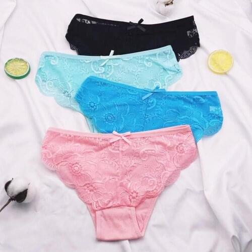 3 Pcs / Lot Lace Transparent Low Rise Cotton Sexy Underwear Women Panties